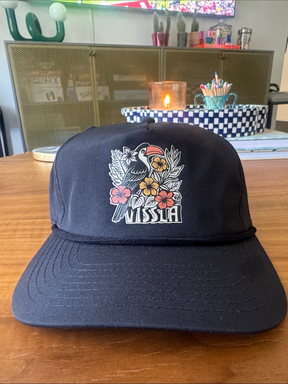 VISSLA Black Cap with Colorful Toucan & Floral Patch